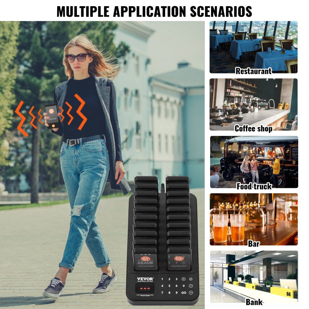 Système de téléavertisseur de restaurant, signal de file d'attente sans fil avec portée de 400 m, bip d'appel invité avec vibration et clignotant, 20 téléavertisseurs pour camion de nourriture, église, jardin d'enfants
