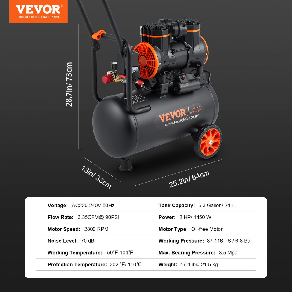 Stille luchtcompressor, 2800 tpm, fluistercompressor, 70 dB, olievrije compressor met 2 wielen, druktank van 24 liter, 6-8 bar, 1450 W (2 pk), 3,5 MPa, autoreparaties, spuitlakken, houtbewerking Stille luchtcompressor, 2800 tpm, fluistercompressor, 70 dB, olievrije compressor met 2 wielen, druktank van 24 liter, 6-8 bar, 1450 W (2 pk), 3,5 MPa, autoreparaties, spuitlakken, houtbewerking