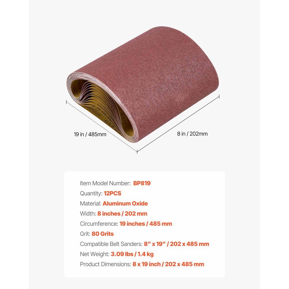 Sanding Belts, 202 x 485mm Sandpaper for Belt Sander, 12 Pack 80 Grit Aluminum Oxide Fabric Sanding Belt, Ideal for Woodworking, Steel, Aluminum, Non-Ferrous Metals