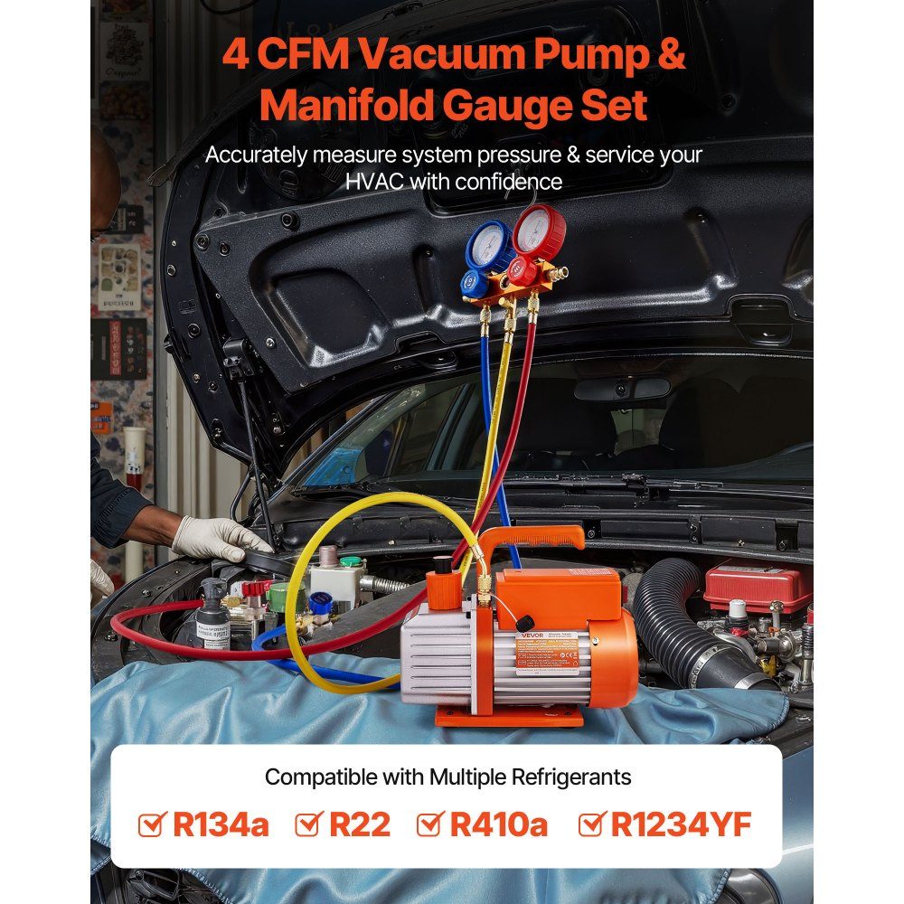 113L/min Vacuümpomp Eentraps draaischuif HVAC Luchtvacuümpomp A/C Koelmiddel Manometerset met draagtas voor R134a, R22, R410a, R1234YF Koelmiddel
