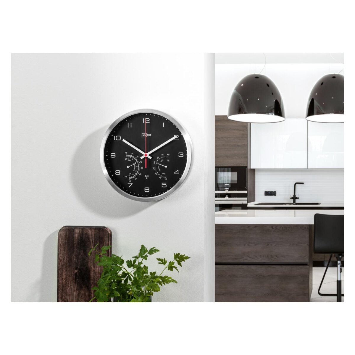 LIVARNO HOME Funk-Wanduhr aus Aluminium mit Thermometer und Hygrometer