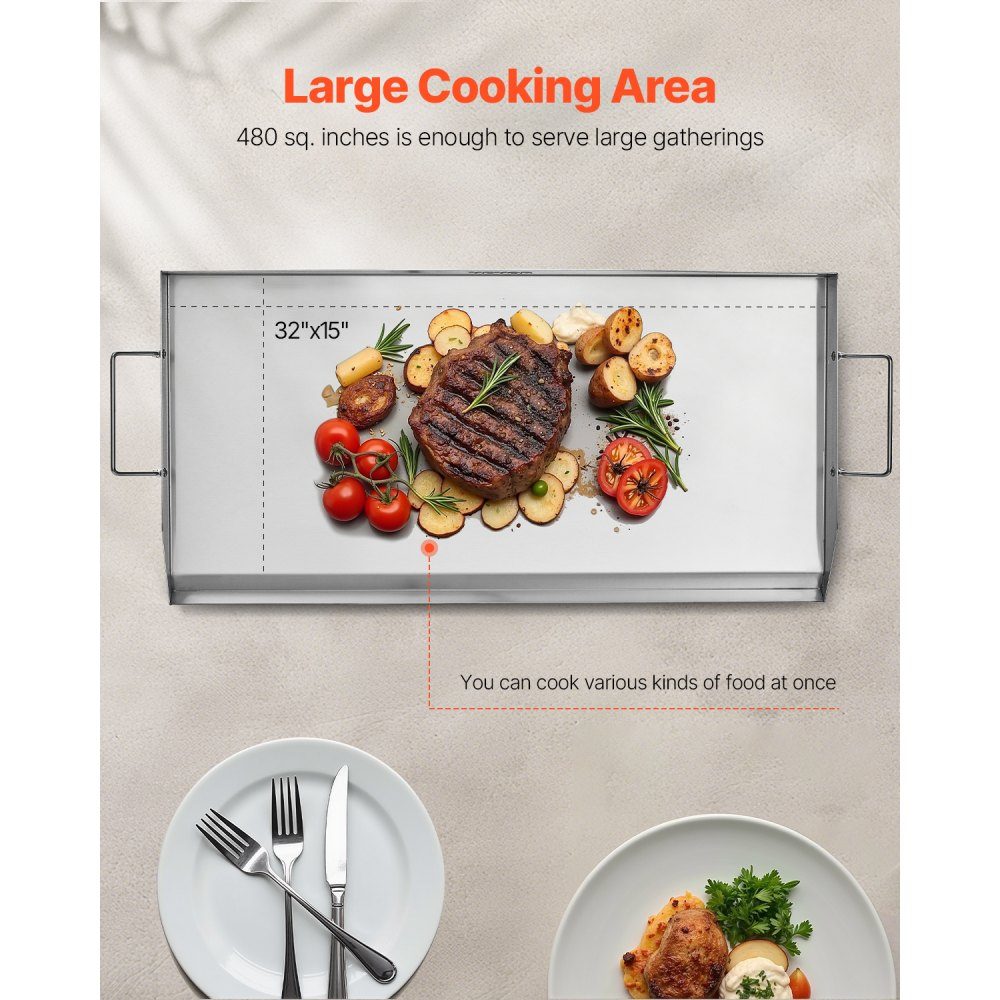 Plaque de gril Poêle à griller Plaque rectangulaire universelle en acier inoxydable (809x370 mm) avec dessus plat, plaque de gril à gaz pour barbecue Teppanyaki, batterie de cuisine familiale portable avec poignée