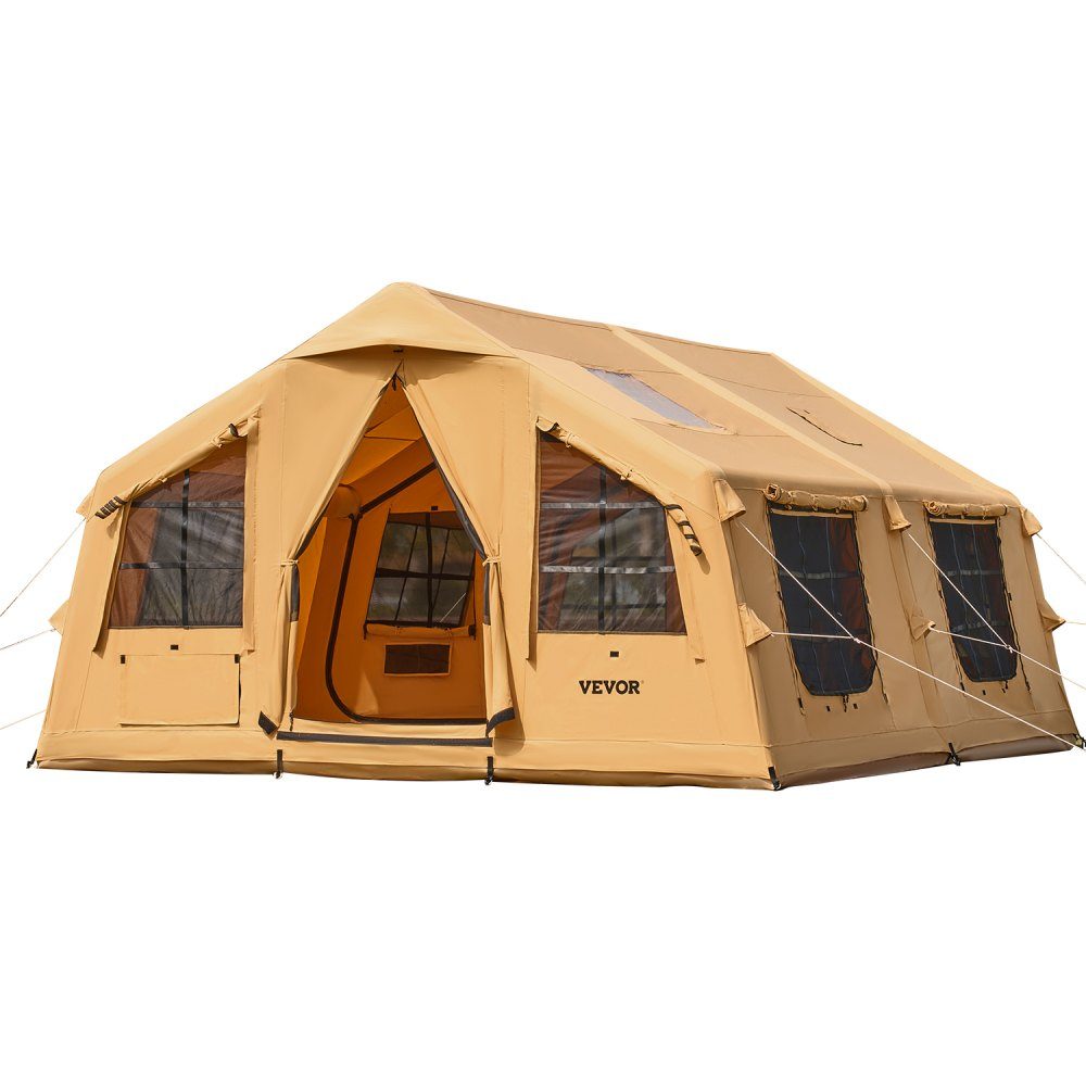 Opblaasbare kampeertent voor 8-12 personen met handpomp, glampingtent van 4,8 x 3,6 x 2,2 m met 2 dakramen, luifel, kachelaansluiting, 2 deuren en gaasramen, opbergtas