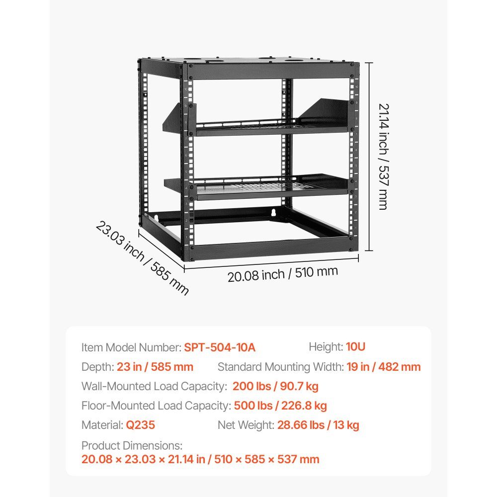 10U open frame network rack, 585mm depth, wall mount or floor standing server rack, 4 post construction, with ventilated shelves and mounting hardware, for all network IT equipment and AV equipment
