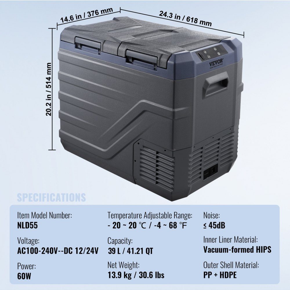 Car Fridge, 39L Portable Dual Zone Freezer, 12V Car Fridge, - 20 to 20℃ Adjustable Range, 12/24V DC and 100-240V AC Compressor Cooler for Camping, RV