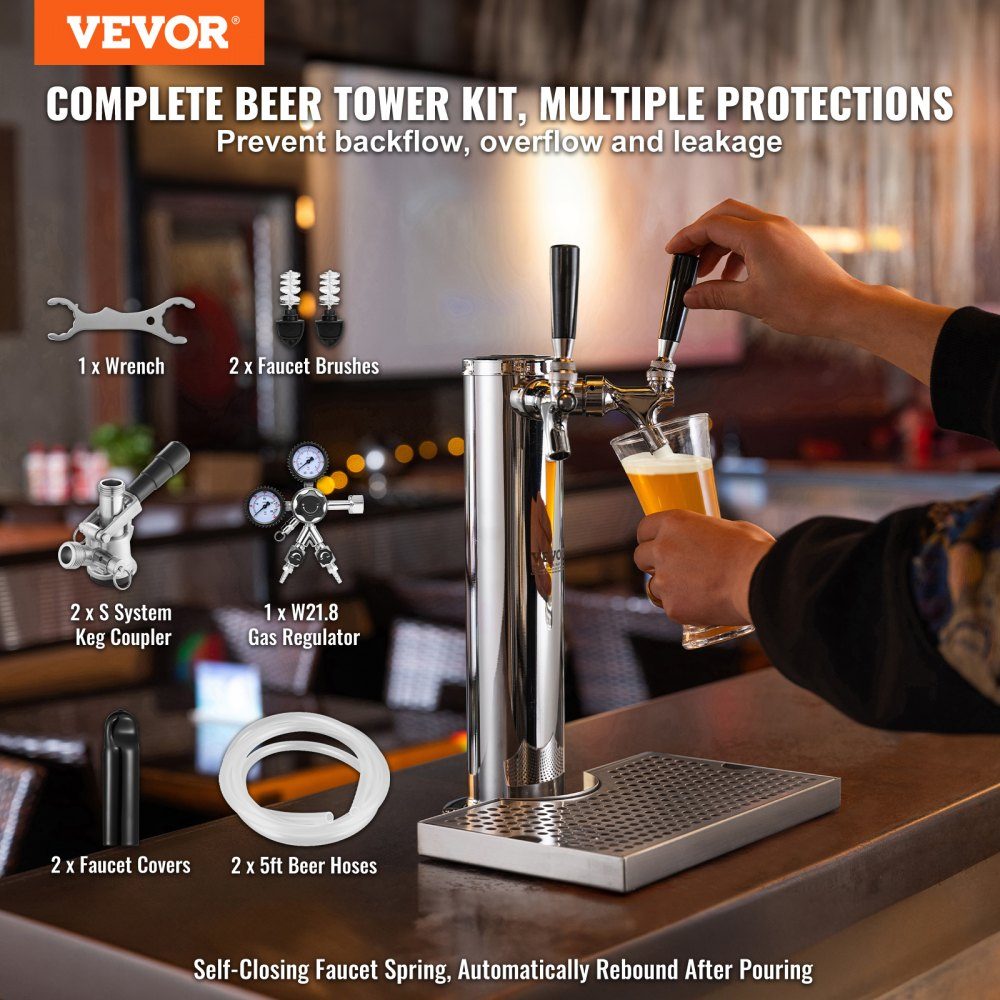 Kit de tour Kegerator, kit de conversion de bière avec 2 robinets, distributeur de tour de bière en acier inoxydable avec régulateur W21.8 à double jauge et coupleur de fût système S, plateau d'égouttage de bière pour fête à la maison