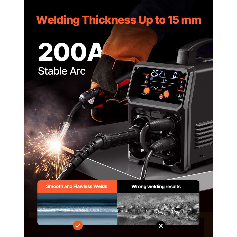 MIG-lasapparaat, 200A synergisch MIG-lasapparaat, 4-in-1 gas MIG/Flux Core MIG/Stick/Lift TIG multiproceslasapparaat met IGBT-invertertechnologie en LCD-scherm