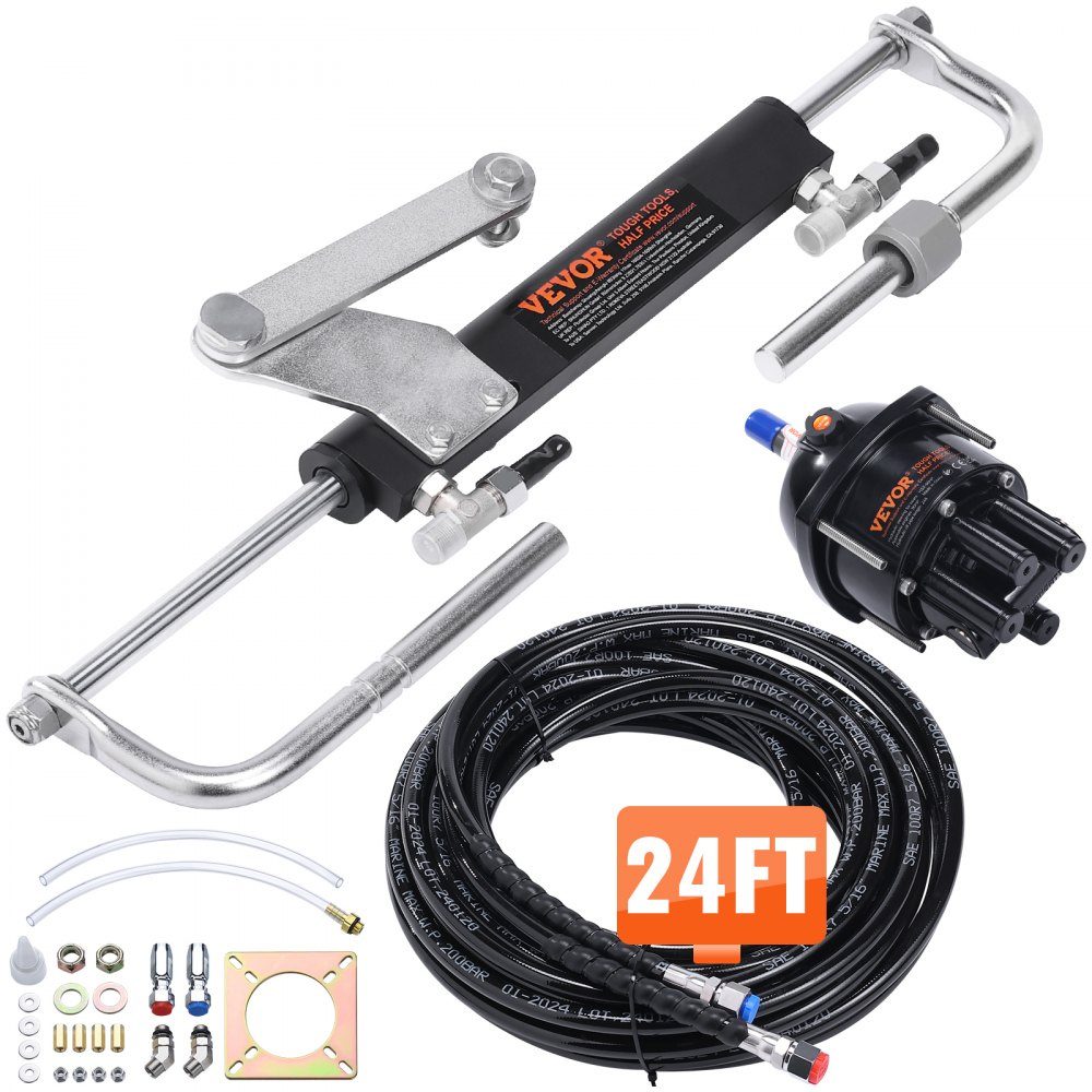 Kit de direction hydraulique hors-bord Système de direction hydraulique pour bateau marin 90 HP avec pompe de direction, cylindre de verrouillage bidirectionnel et tuyau de direction hydraulique de 25 pieds pour bateaux à moteur unique et à station unique