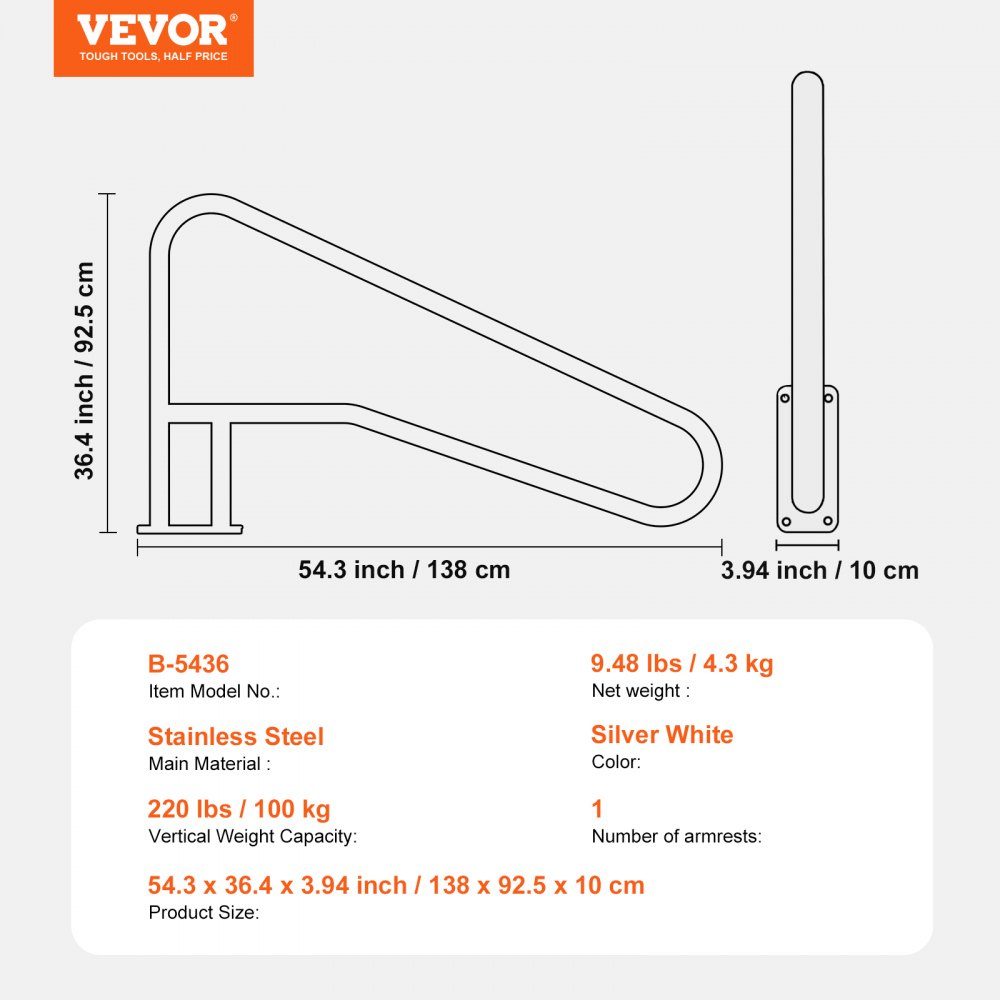 Pool Handrail 1379 x 925 x 100mm Stainless Steel Pool Entry with Base Plate for Indoor/Outdoor Pools, Swimming Pool Safety Railing, Rustproof Grab Bar with Handle Cover and Spa Accessories