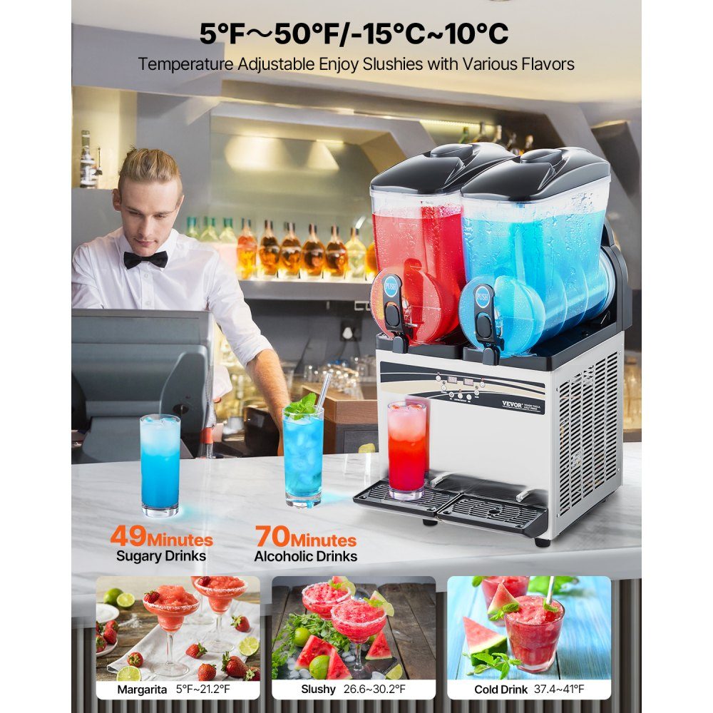 Commercial Frozen Drink Maker, 15L x 2 Slush Machine with Two Tanks, 120 Cup Stainless Steel Margarita Smoothie Machine, Slush Maker for Home Party, Restaurants, Cafes, Bars
