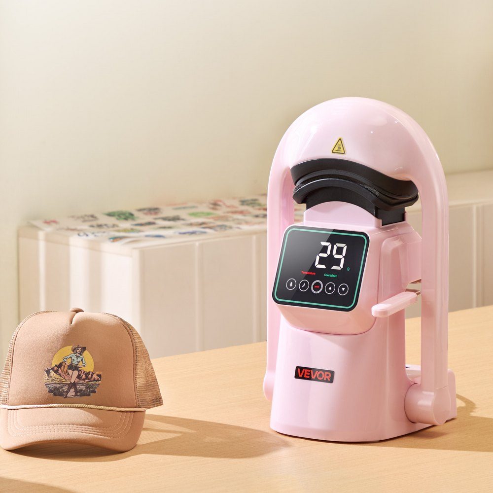 Automatic Hat Heat Press with 2 Interchangeable Plates, Auto Open and Release, Touch Screen for Time and Temperature Control, Heat Transfer Printing for Caps, Hats, Pink