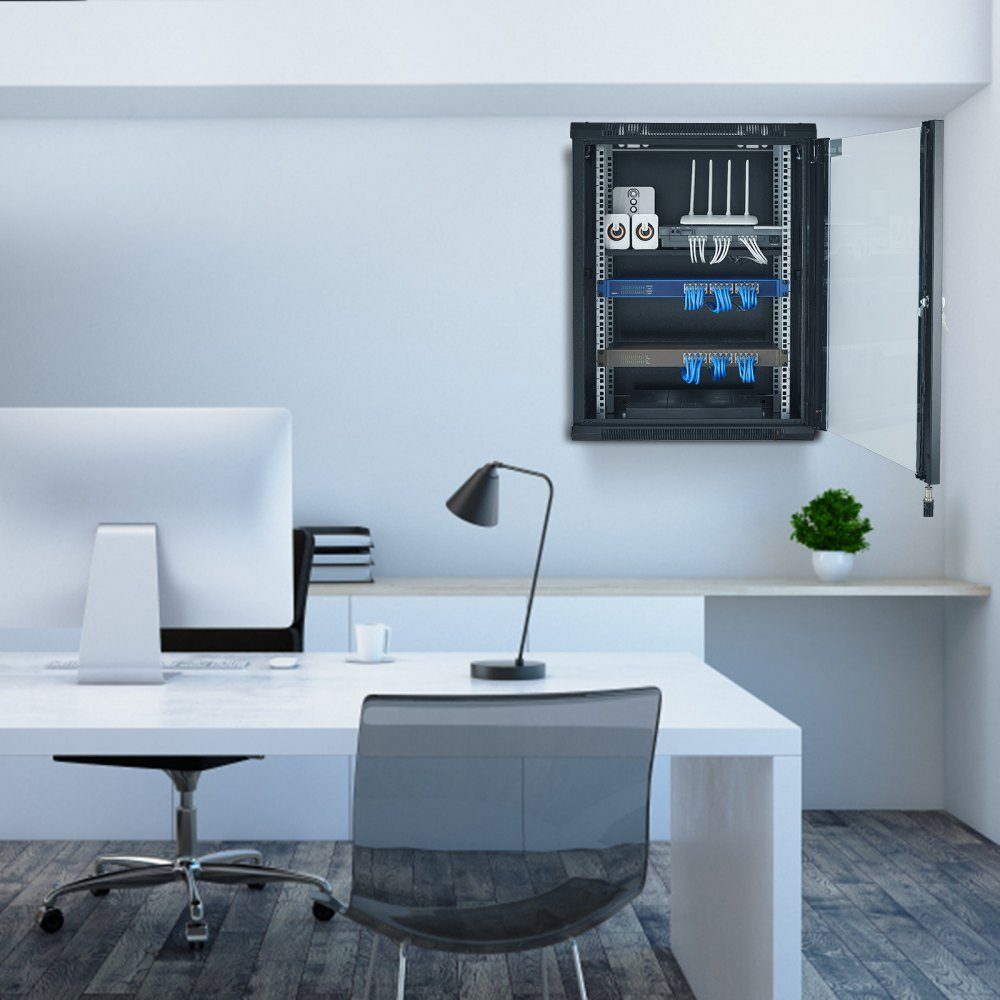 15U wandgemonteerde serverkast, maximale vloerbelasting van 500 lbs, netwerkrackbehuizing met zwenkwielen, afsluitbare deur van gehard glas, Q235 koolstofstaal voor IT-apparatuur A/V-apparatuur