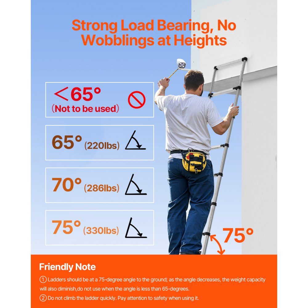 Telescopische ladder, 100 inch lange roestvrijstalen verlengladder, vouwladder met 150 kg laadvermogen (75 °) en antislipvoeten, draagbare 9-staps ladder voor thuis, camper, zolder