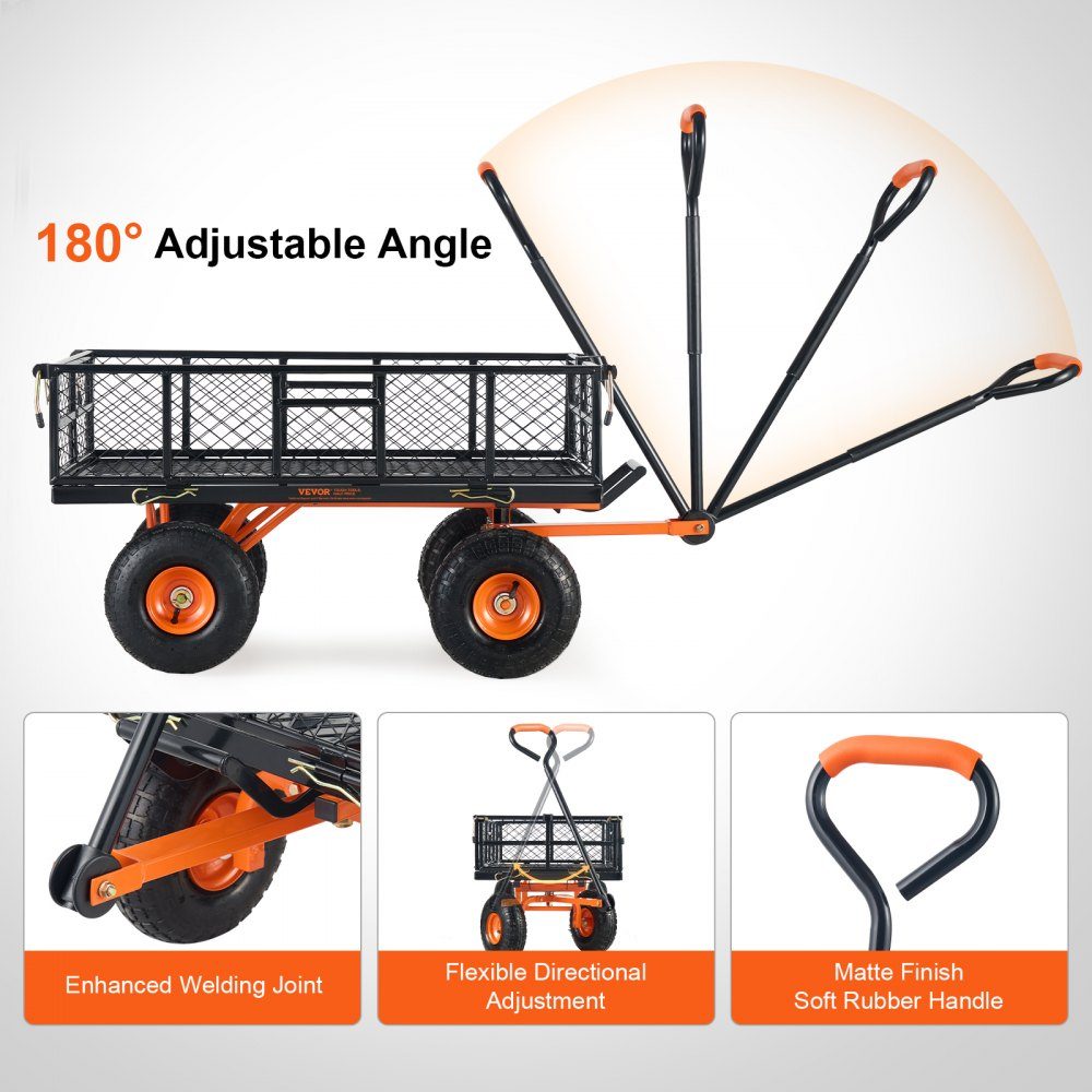 Chariot de jardin, chariot de jardin en métal avec cadre facile à assembler, chariot à main inclinable avec poignée convertible 2 en 1, brouette polyvalente avec capacité de charge de 400 kg, pneus de 10"