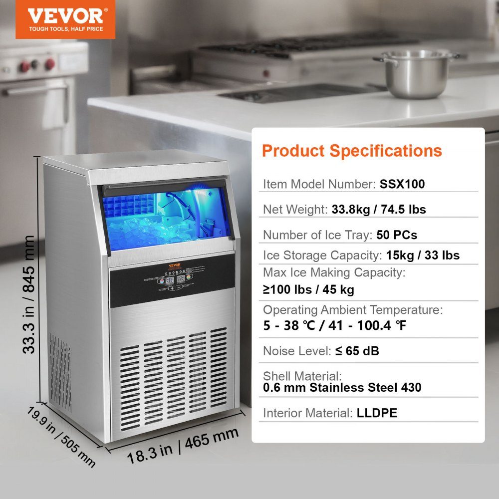 Commercial ice cube maker ice machine 47 kg / 24 h, lightweight cube ice machine 15 kg ice storage capacity 50 ice cubes, ice cube maker made of stainless steel including water filter & ice cream scoop