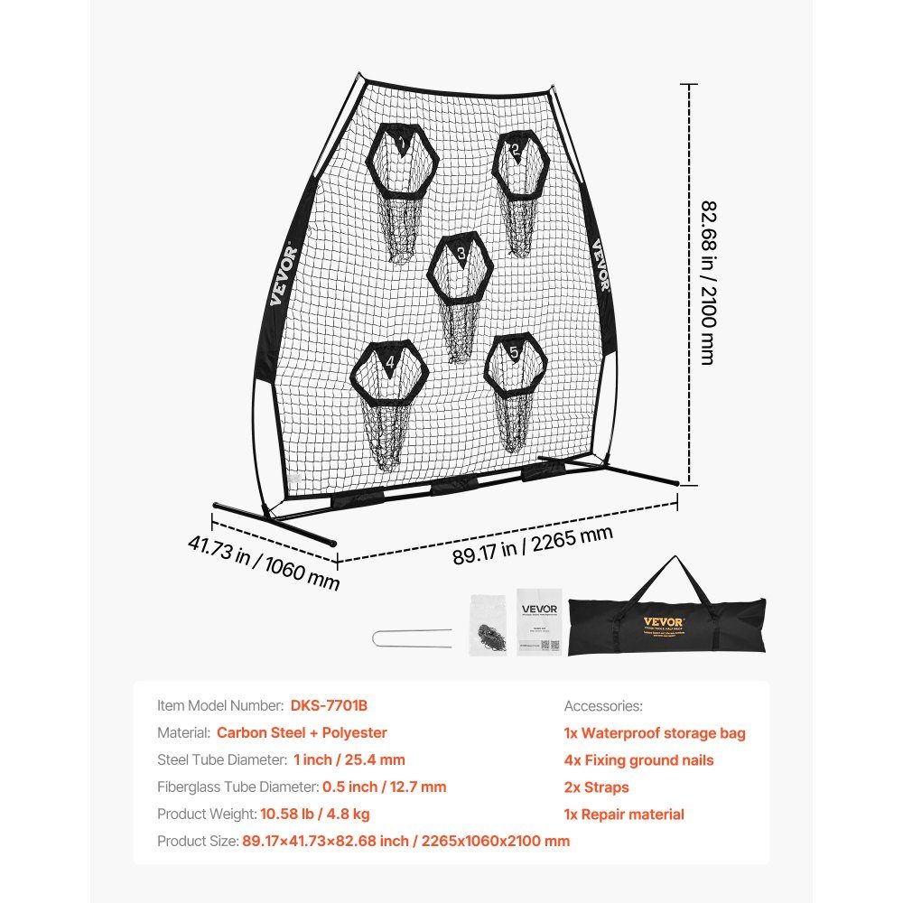 Football Coach Throwing Net, Practice Net (2265 x 1060 x 2100mm) with 5 Target Pockets and Portable Storage Bag and Straps, Throwing Target Training for Quarterback Passing Accuracy, Black