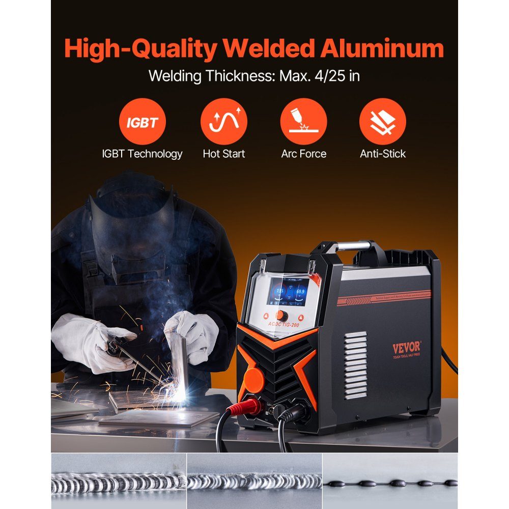 TIG Welder 200A 6 in 1 Aluminum Welder (LED Display) - AC TIG/DC TIG/AC Pulse TIG/DC Pulse TIG/Spot TIG/MMA (Stick) with IGBT Synergetic Control