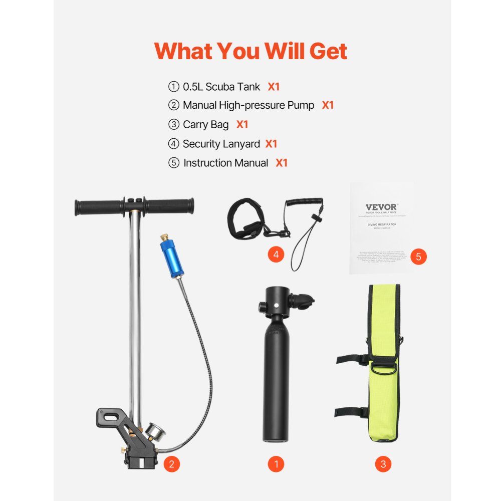 0.5L Diving Bottle, Portable Diving Bottle, Oxygen Bottle for Diving Support, 5-10 Minutes Underwater Breathing, 30m Diving Depth, Refillable Snorkel Air Tank with Pump