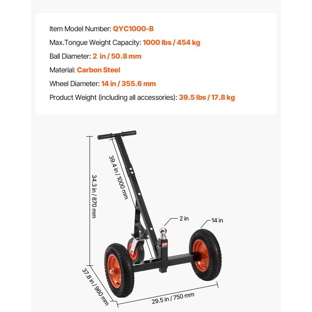Trailer Dolly, 454kg Support Load, 425 & 560mm Adjustable Height, 50.8mm Ball, 355.6mm Pneumatic Tires, Carbon Steel, for Moving Motorhome Trailers