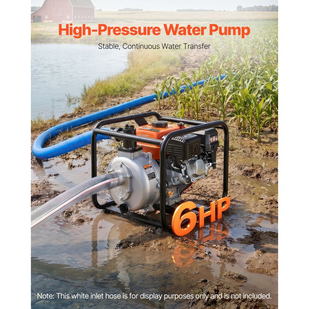 Benzin-Wasserpumpe 49,9 m Förderhöhe, Schmutzwasserpumpe 6 PS, tragbare Motorpumpe, Benzinmotor mit 762 cm Auslaufschlauch, Gusslaufrad, Gartenpumpe für Bewässerung, Teiche & Pools
