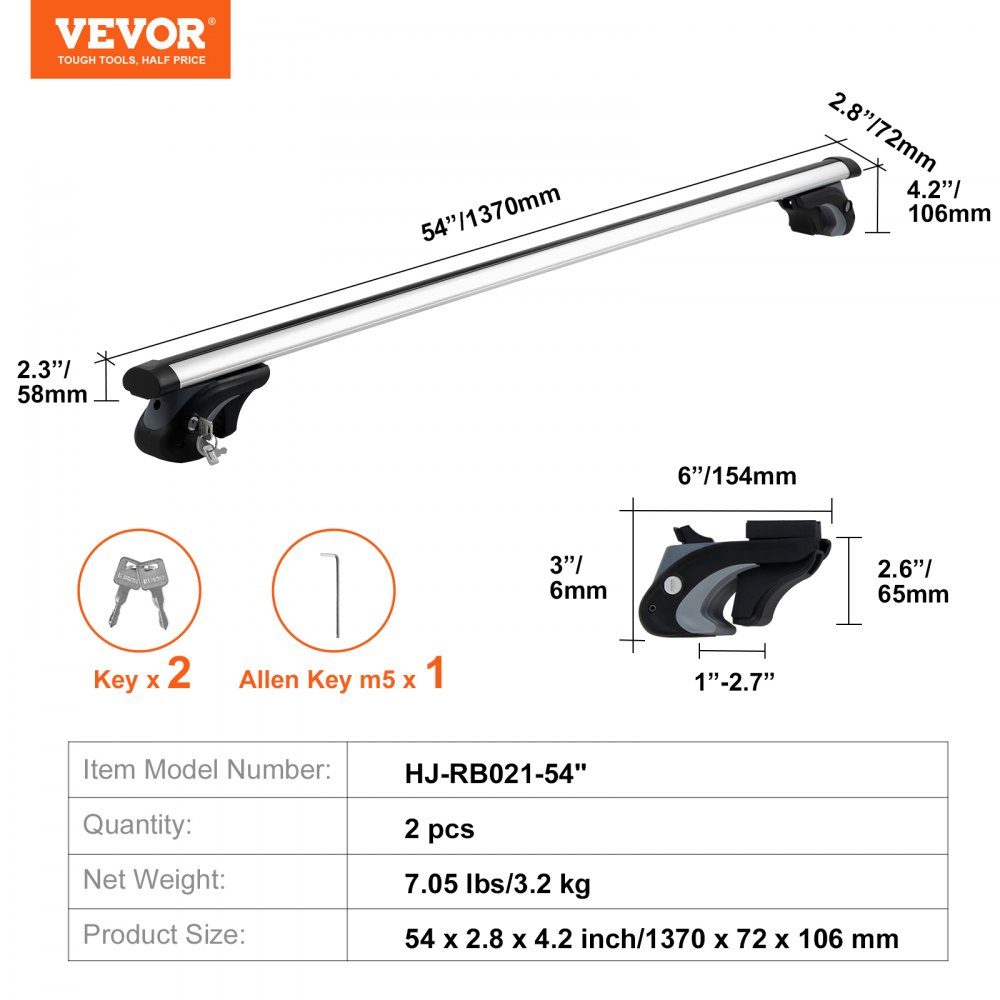 Roof rack universal roof rack car aluminum cross bar 90 kg load capacity, for raised side rail with gap, suitable inner distance of the roof beam 19-118 cm, tube diameter 28-68 mm