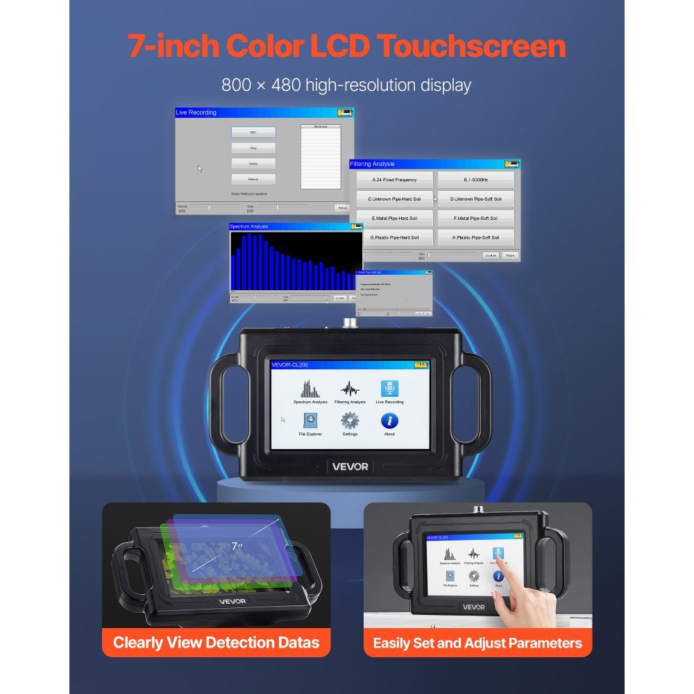 Lekdetector voor pijpwater, 1 Hz-5000 Hz, 7" touchscreen-lekdetector voor pijpen met een diepte van 2 m - met sensor, 3 luisterstaven, hoofdtelefoon, kaart van 8 GB en draagtas