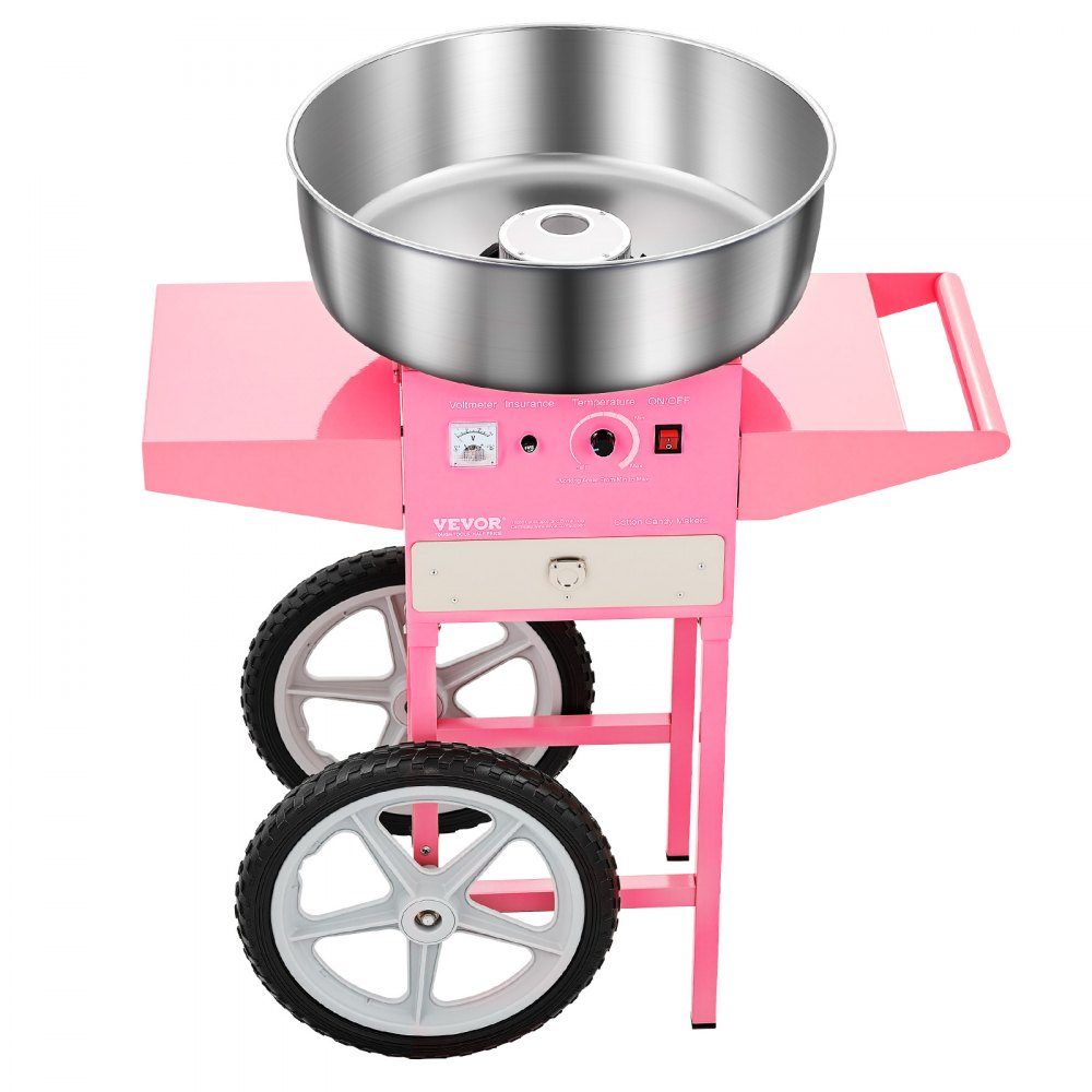 Machine à barbe à papa électrique, machine à barbe à papa commerciale avec chariot (1000 W), avec bol en acier inoxydable de 52 cm, cuillère à sucre et tiroir, parfaite pour les anniversaires d'enfants, les réunions de famille, rose