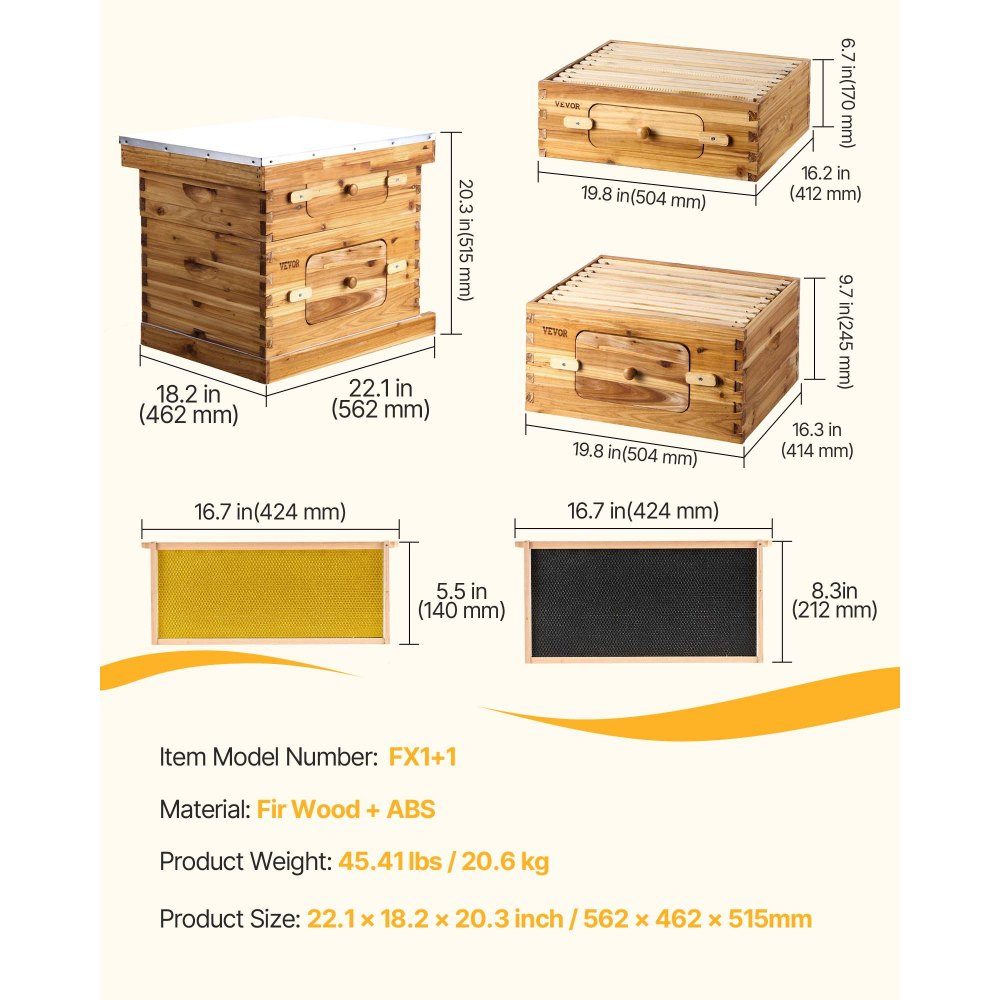 Beehive, 20 Frames, Zander Beehive, Beeswax Coated Fir Wood, 1 Deep + 1 Medium Bee Box, Langstroth Beehive Set, Clear Acrylic Windows with Foundations