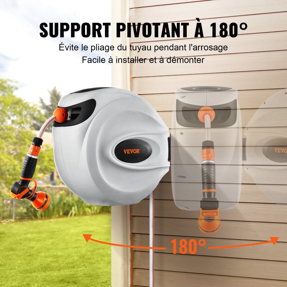 Water hose reel 25mx12mm with wall bracket, carrying handle, hose reel with 9-pattern spray nozzle & garden hose, 180° swiveling wall hose box with automatic drum, irrigation, car washing