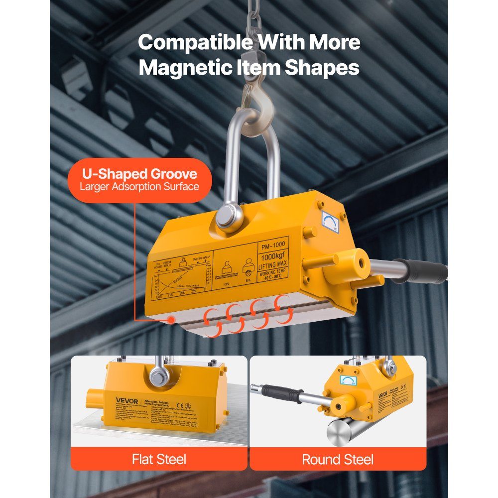 Load lifting magnet permanent magnet lifter 1000 kg pulling force lifting magnet with release handle & steel hook, used in workshop cranes and hoists, for lifting steel plates, boards