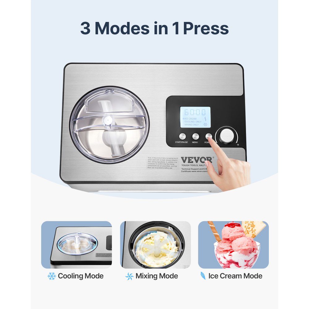 Compressor Ice Cream Machine Ice Cream Machine 2L, 180W Frozen Yoghurt Maker Ice Cream Machine 3 Modes Yoghurt Machine Household Portable Ice Cream Machine Sorbet Gelato Low Noise Silver Electric
