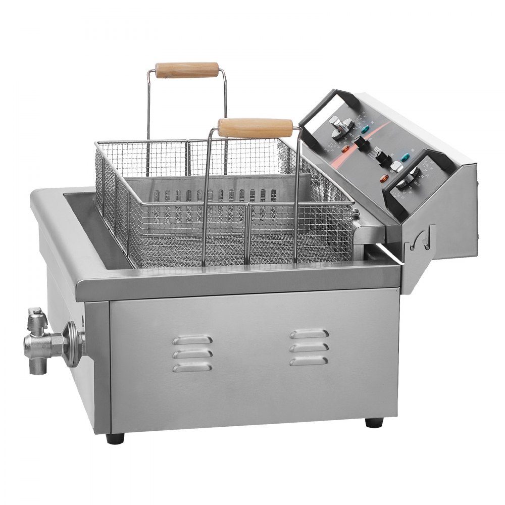 Commercial Deep Fryer, 2250W Electric Deep Fryer with Basket, 20L Large Capacity Countertop Oil Fryer, Stainless Steel, Temperature Control, for Kitchen Restaurant Use, Silver