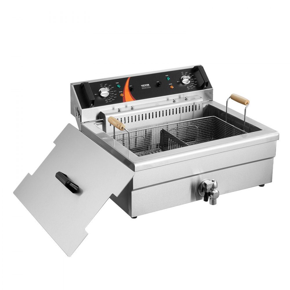 Commercial Deep Fryer, 2250W Electric Deep Fryer with Basket, 20L Large Capacity Countertop Oil Fryer, Stainless Steel, Temperature Control, for Kitchen Restaurant Use, Silver