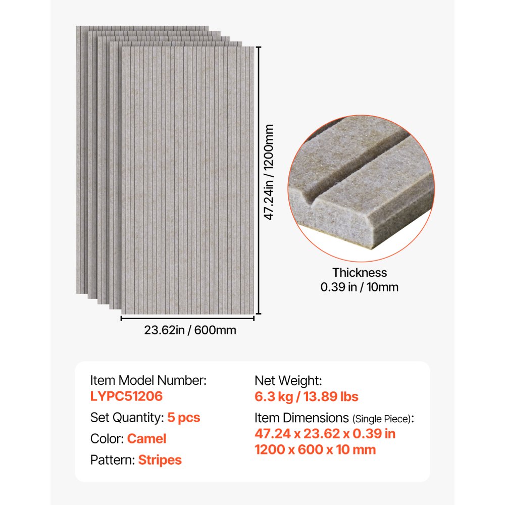 Pack de 5 panneaux acoustiques avec ruban adhésif, panneaux en mousse insonorisée 1200x600x10 m, panneaux muraux acoustiques en fibre de polyester, pour maison, studio, bureau, théâtre, chameau
