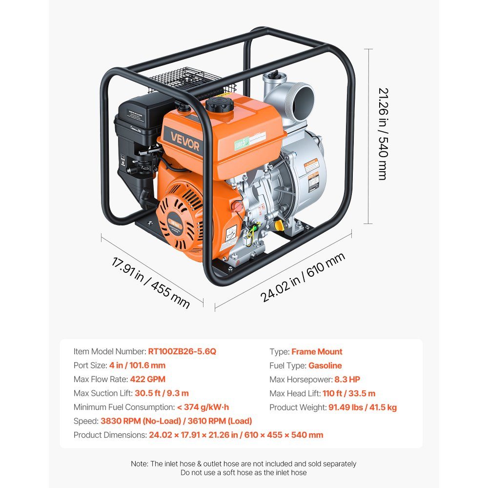 Pompe à eau essence 422 GPM, pompe à eau sale de 4 pouces, pompe à moteur de 8,3 CV portable avec tuyau de refoulement de 7,62 m et pompe de refoulement d'eau à turbine en fonte pour l'irrigation, le drainage, les chantiers de construction, les étangs