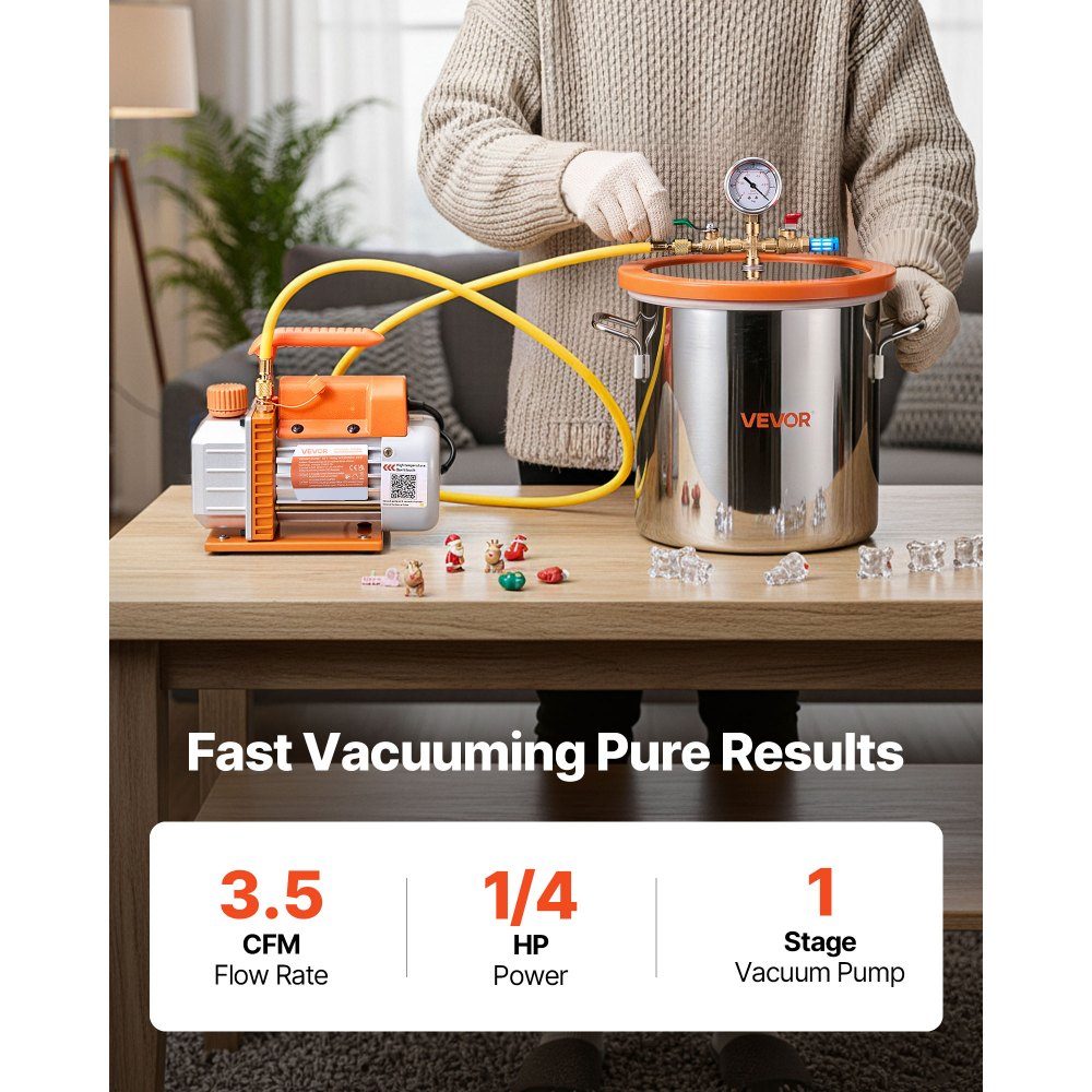 Pompe à vide avec chambre à vide de 11,4 L, 3,5 CFM 99 L/min, pompe à vide à 1 étage 180 W, kit de pompe à vide, tuyau de 1,5 m, pour stabiliser le bois et dégazer la résine de silicone