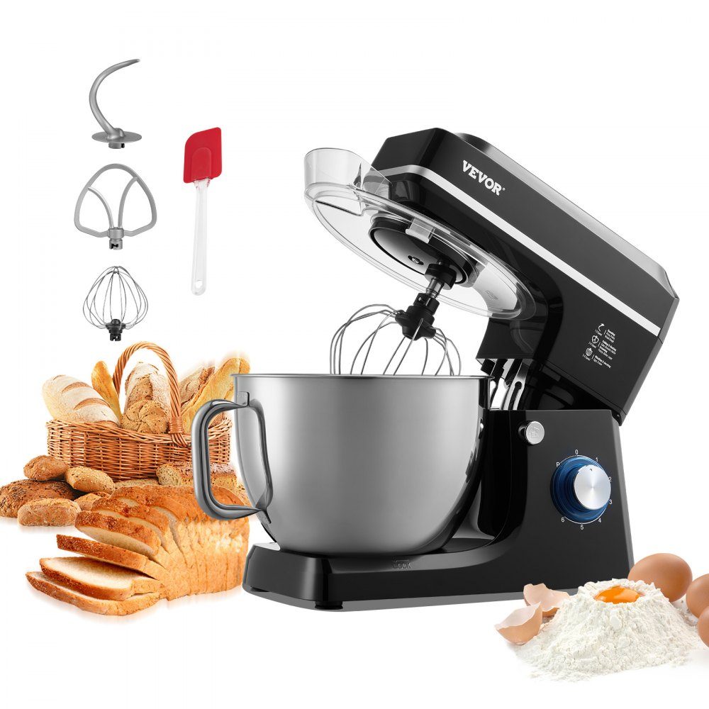 Küchenmaschine Teigmixer 1400W 7,84L Küchenmaschine mit neigbarem Kopf Edelstahlschüssel Knethaken Schneebesen Schaber, Haushaltsküchenmaschine zum Backen und Mischen, Schwarz