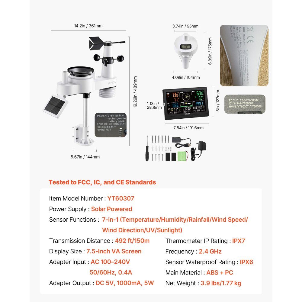 7-in-1 WiFi-weerstation met APP, 7,5-inch display, buitensensor op zonne-energie, met zwembadthermometer, regenmeter, weercentrum voor weersvoorspelling, windsnelheid, zwembadtemperatuur