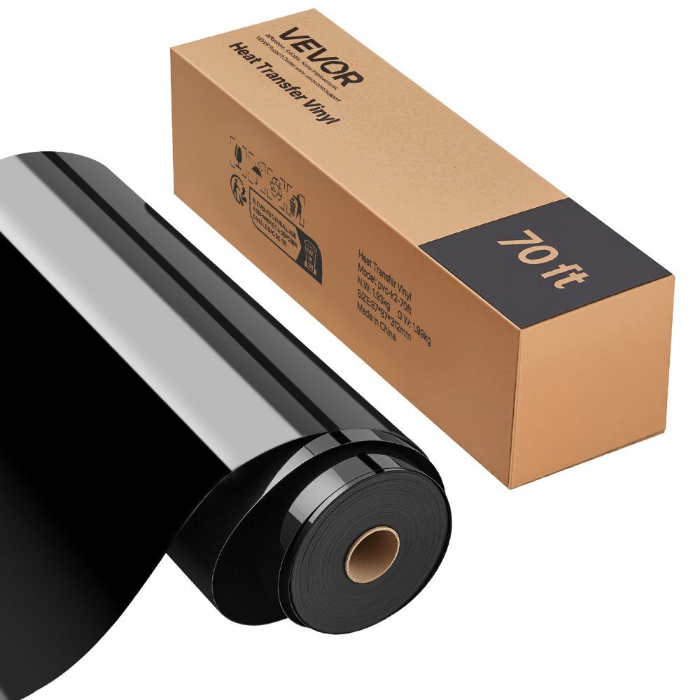 Film de transfert thermique en vinyle (304,8 x 21336 mm) Noir brillant HTV Rouleau de vinyle thermocollant compatible avec les machines de découpe pour divers matériaux T-shirts Coussins Chapeaux