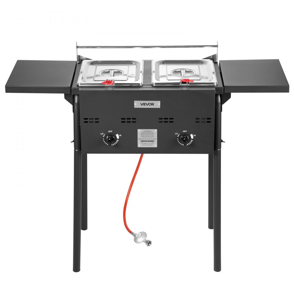 Friteuse commerciale d'extérieur au propane avec 2 réservoirs (9 L x 2), cuisinière en acier inoxydable avec plate-forme pliable, double panier et contrôle de la chaleur, friteuses autoportantes pour restaurants, snack-bars Friteuse commerciale d'extérieur au propane avec 2 réservoirs (9 L x 2), cuisinière en acier inoxydable avec plate-forme pliable, double panier et contrôle de la chaleur, friteuses autoportantes pour restaurants, snack-bars