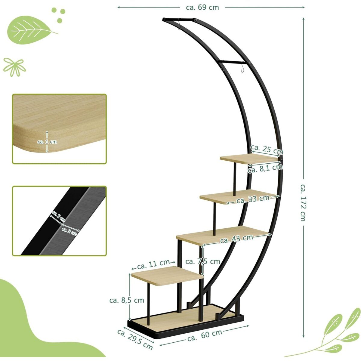 Ribelli Support pour plantes en métal demi-lune à 5 niveaux, marron