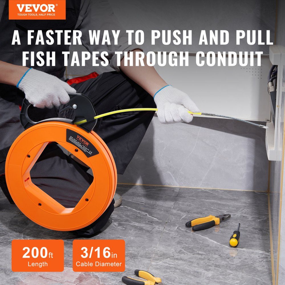 Pulling Aid, 60.96m x 4.7mm, Fiberglass Wire Puller with Optimized Housing & Handle, User-Friendly Cable Pulling Tool, Pulling Spiral for Wall & Electrical Cables, Non-Conductive