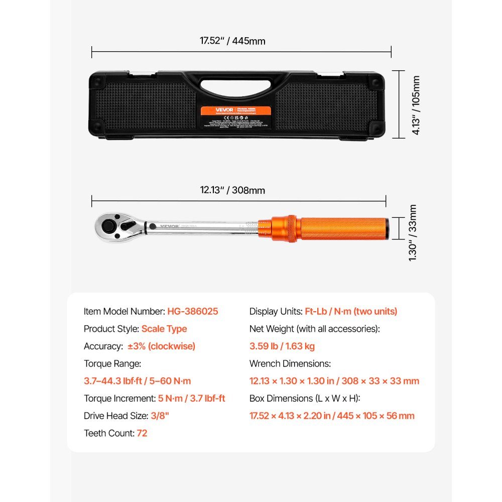 Click Torque Wrench, 3/8" Drive 5-60Nm Two Way Torque Wrench with Sockets, Extension and Drill, 72 Teeth ± 3% High Precision Alloy Steel for Car Repair
