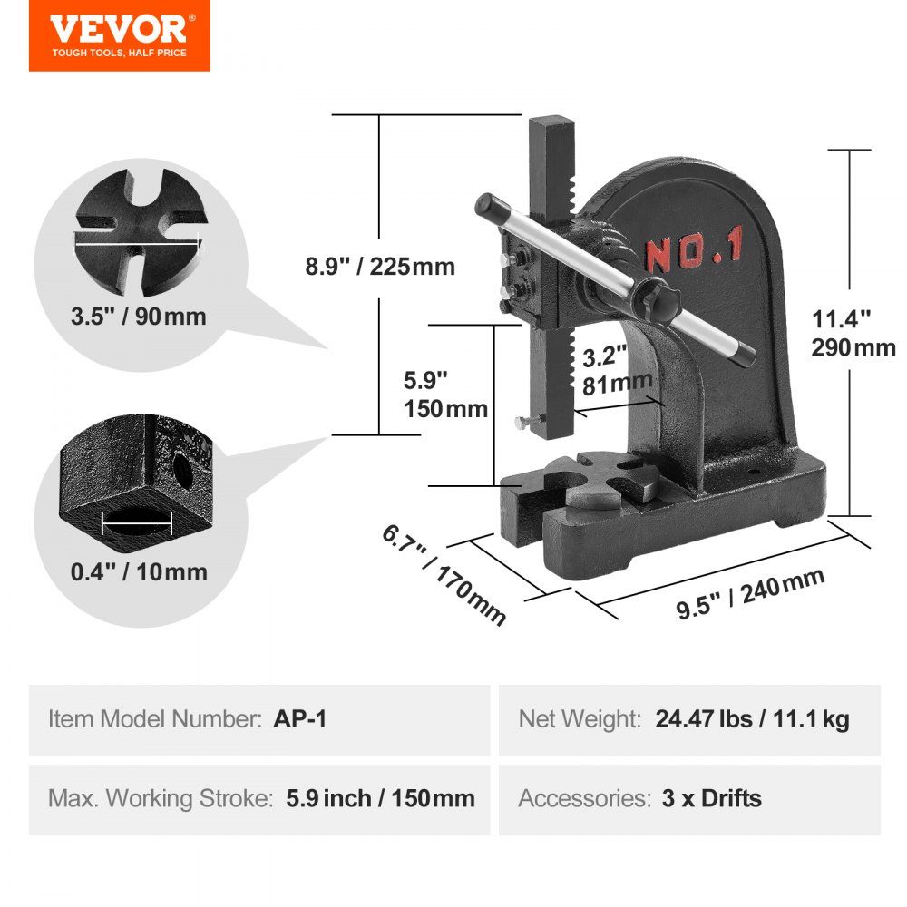 Mandrel Press, 1 Ton Hand Lever Press, Manual Mandrel Press Precision Hand Press, 150mm Maximum Height, Desktop Manual Cast Iron Punch Press for Punching, Bending, Stretching, Forming