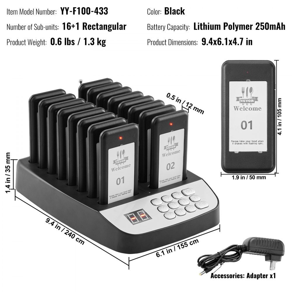 Restaurant Pager System, Wireless Queue Signal with 500m Range, Guest Call Beeper with Vibration and Flashing, 16 Pagers for Food Truck, Church