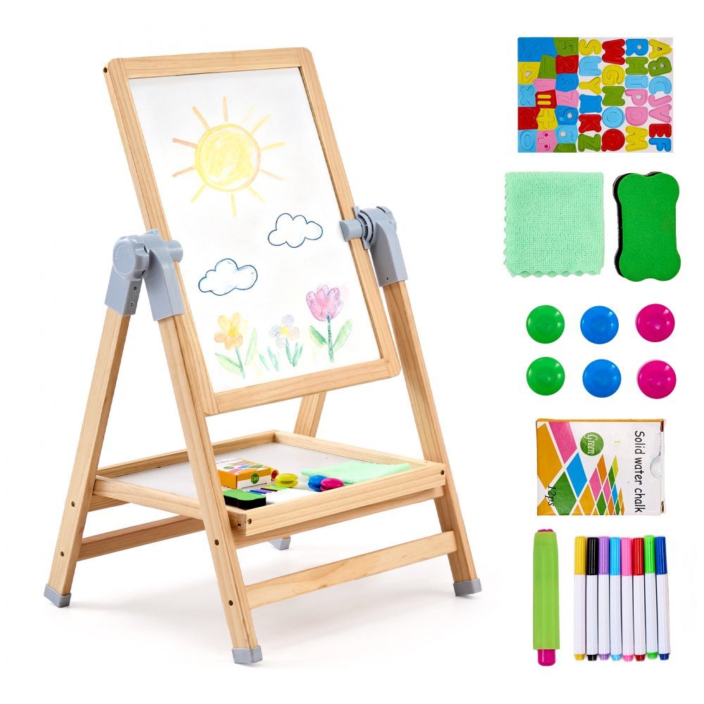Kunststaffelei für Kinder, 2-in-1-Kunststaffelei aus Holz, doppelseitig mit magnetischem Whiteboard und Kreidetafel, verstellbares, stehendes, drehbares, klappbares Zeichenbrett mit Malzubehör für Jungen und Mädchen