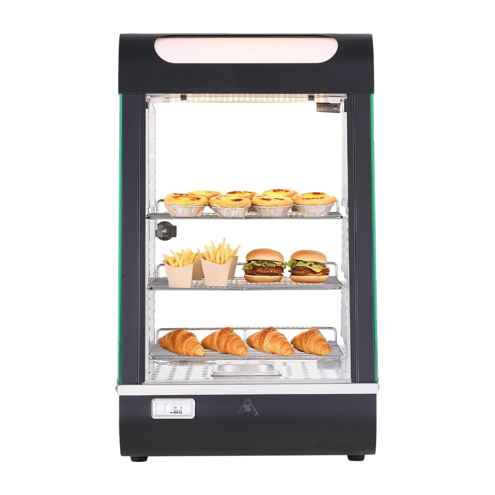 Comptoir chauffant à 3 niveaux 57 L, vitrine chauffante 800 W, comptoir chauffant 30-85 °C, chauffe-plats avec éclairage LED et étagères réglables, vitrine alimentaire pour hamburger pizza pain poulet frit