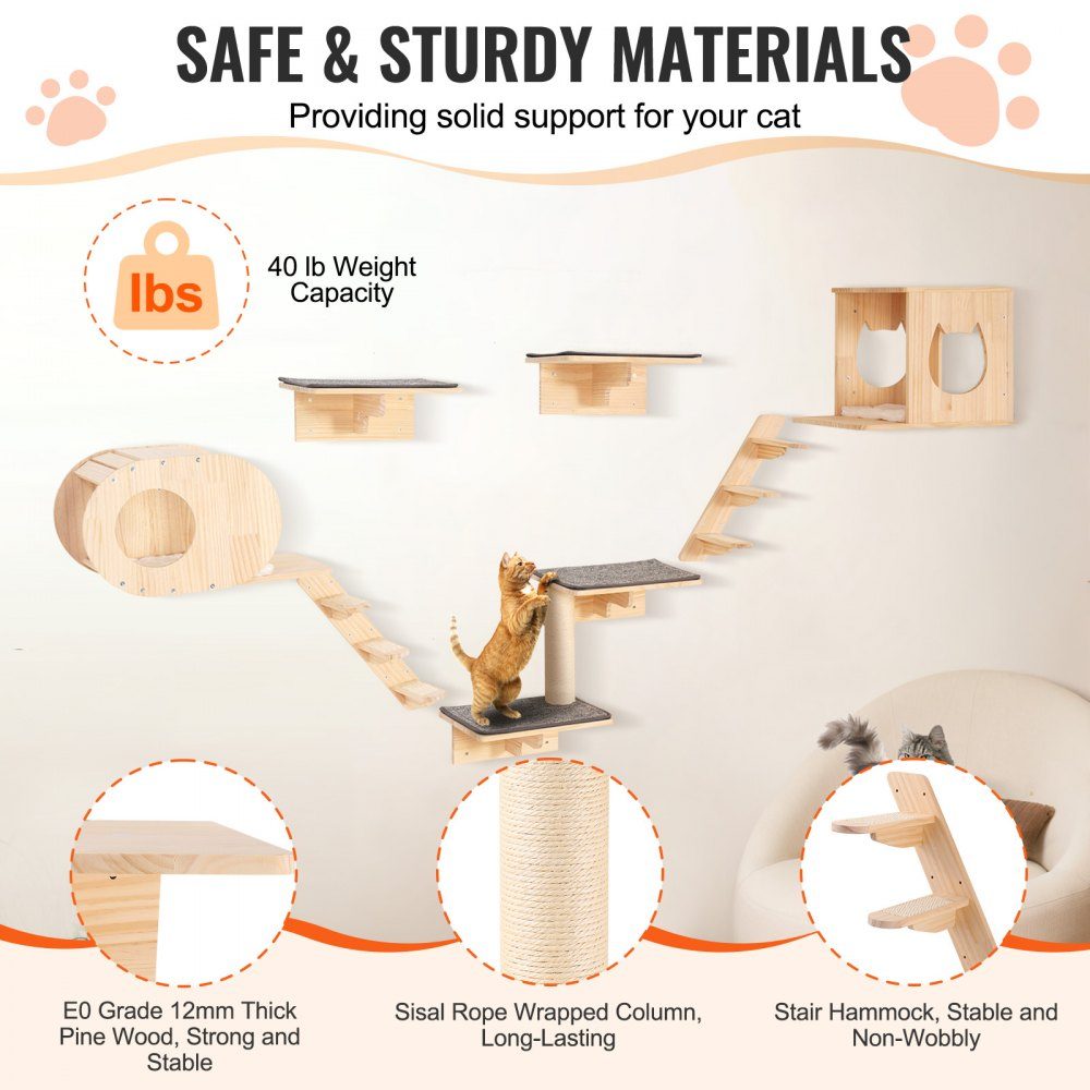 Étagères murales pour chat, étagères murales et perchoirs pour chat avec tremplins, lits pour chat, hamacs et griffoir, meubles et étagères pour chat jusqu'à 18 kg pour dormir, jouer, grimper, lot de 7