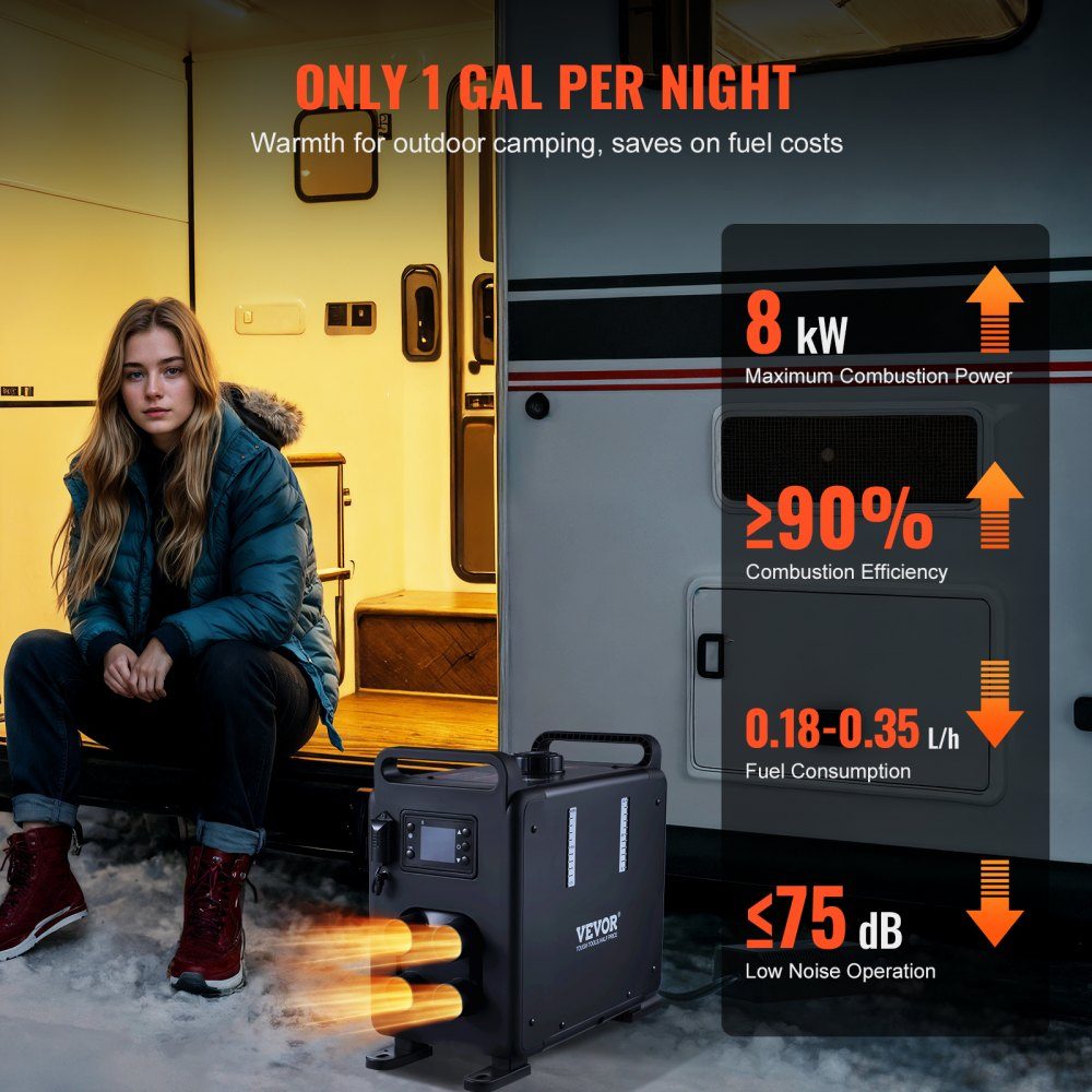 5–8 kW Diesel-Heizung, 12 V/24 V, All-in-One-Diesel-Luftheizung mit Bluetooth-App-Steuerung und Fernbedienung, Bildschirm und CO-Alarm, schnell aufheizende vertikale tragbare Diesel-Heizung