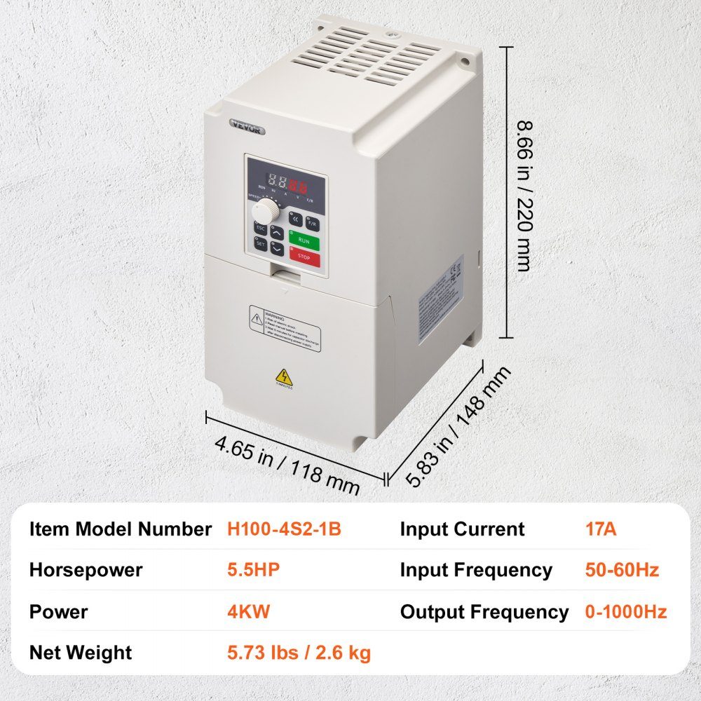 Inverseur de fréquence VFD 220 V 4 kW 5,5 HP Convertisseur VFD Variateur variable Vitesse contrôlable Protection multiple Humidité 0-90 % Matériau ABS Fonction de refroidissement par air Faible bruit
